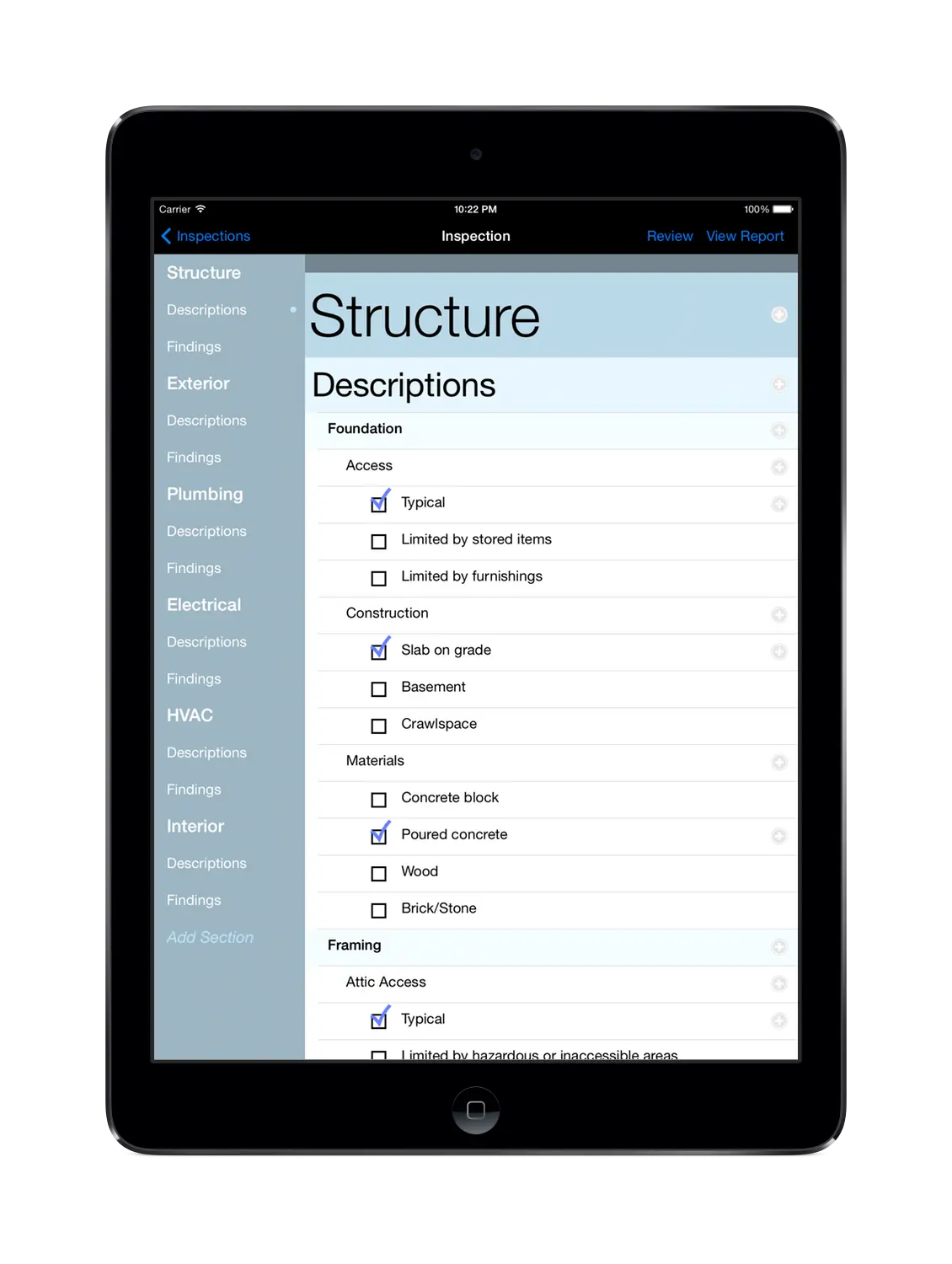 Inspectix home inspection report app running on iPad